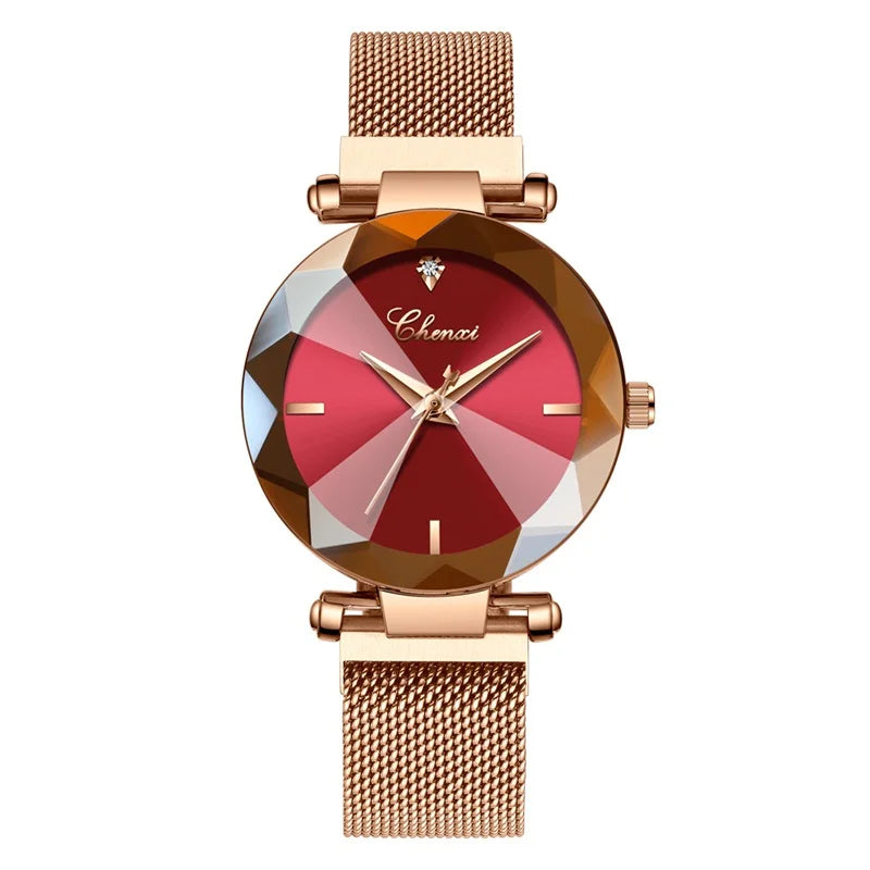 Relógio Feminino Chenxi 309 – Prism Cut Mesh Rose Gold