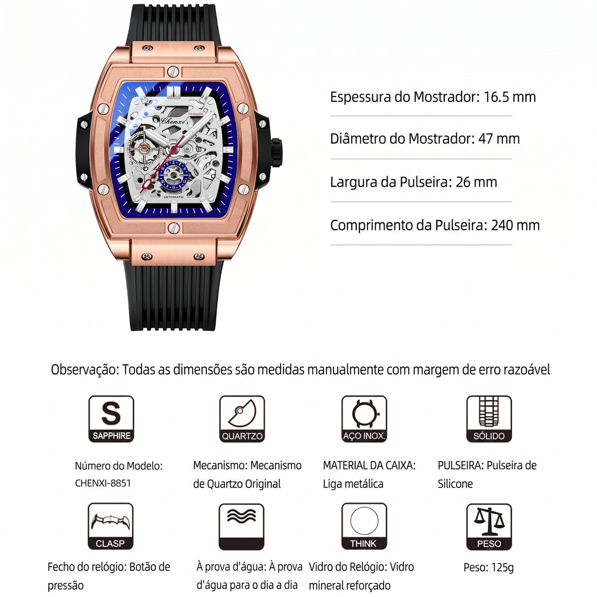Relógio Masculino Chenxi 8851 – Tonneau Skeleton Automatic