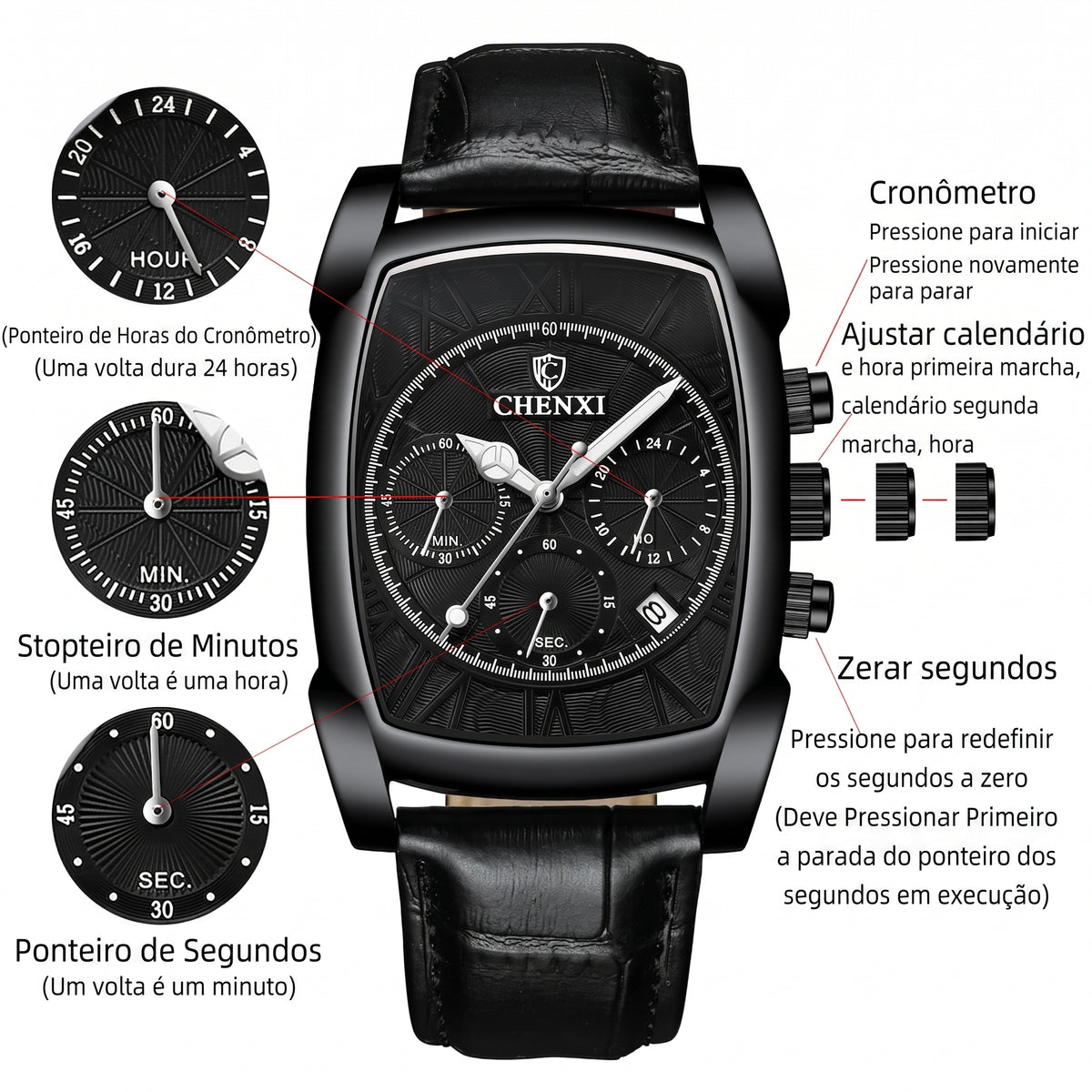 Relógio Masculino Chenxi 909 – Square Chronograph Leather