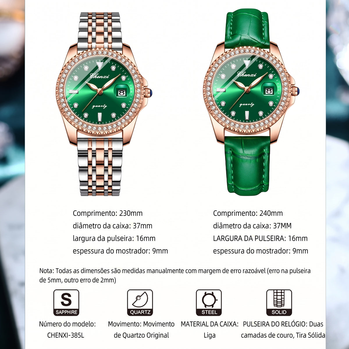 Relógio Feminino Chenxi 385 – Emerald Crystal Elegance