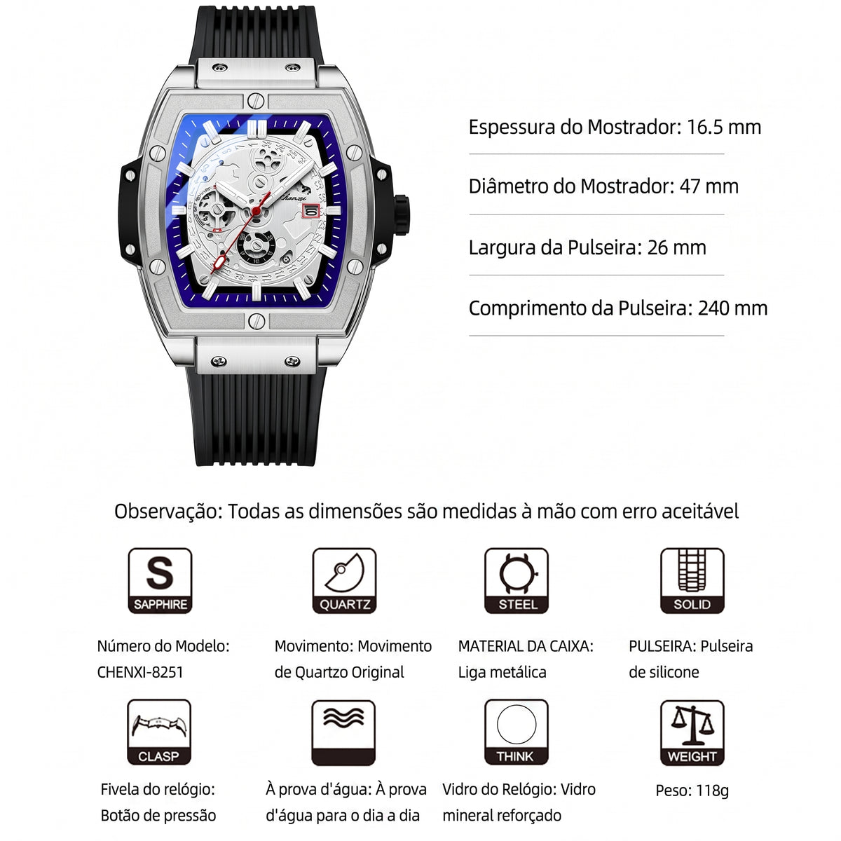 Relógio Masculino Chenxi 8251 – Skeleton Tonneau