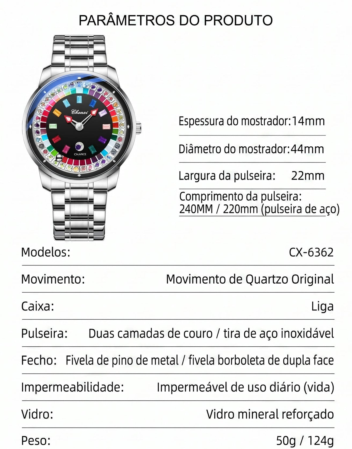 Relógio Chenxi 6362 – Casino Roulette Rainbow