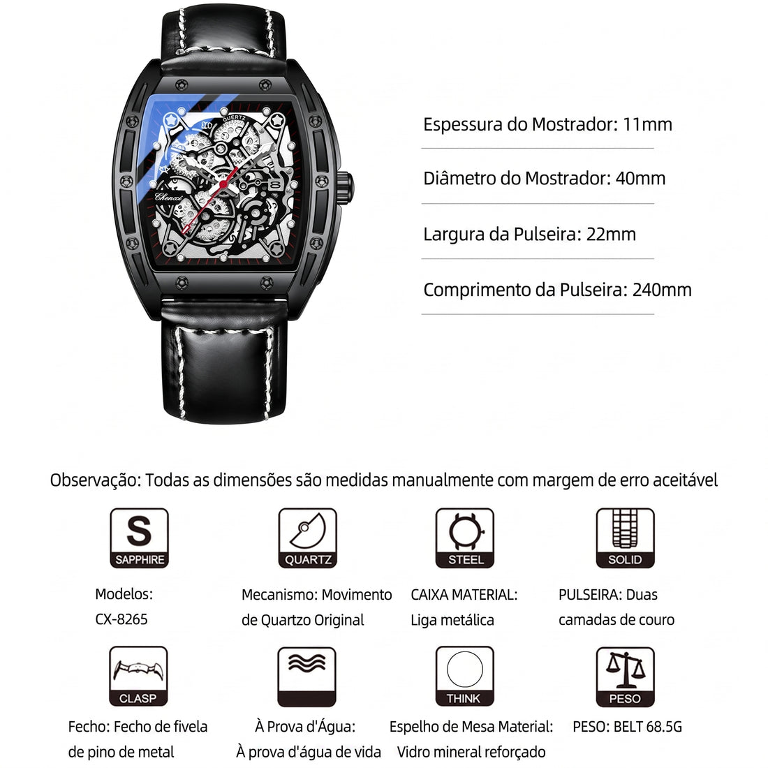 Relógio Masculino Chenxi 8265 – Skeleton Tonneau