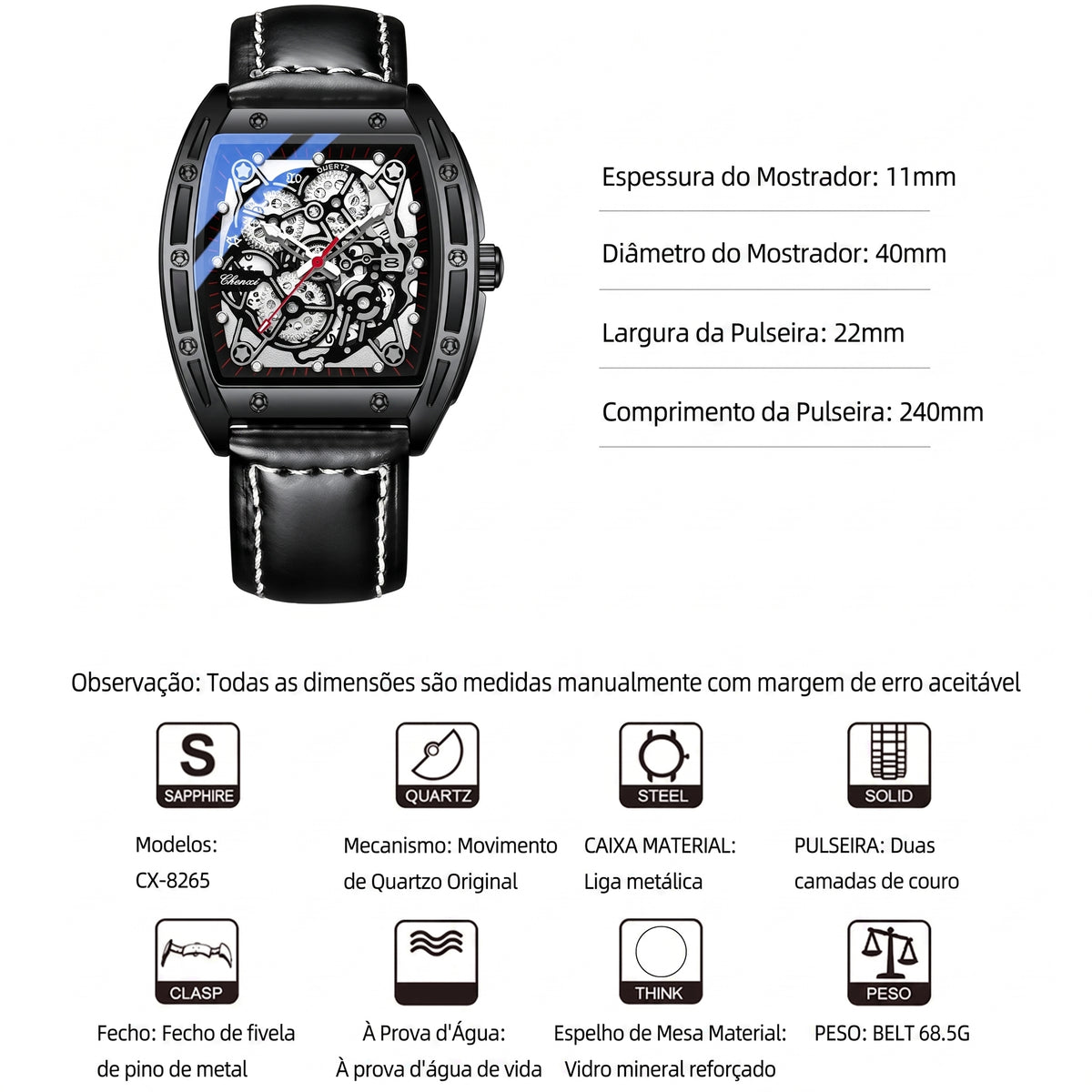 Relógio Masculino Chenxi 8265 – Skeleton Tonneau