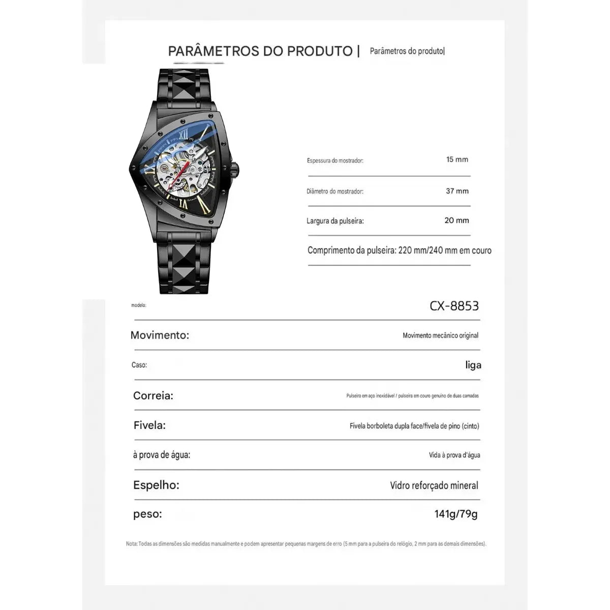 Relógio Masculino Chenxi 8853 – Triangular Skeleton Automatic